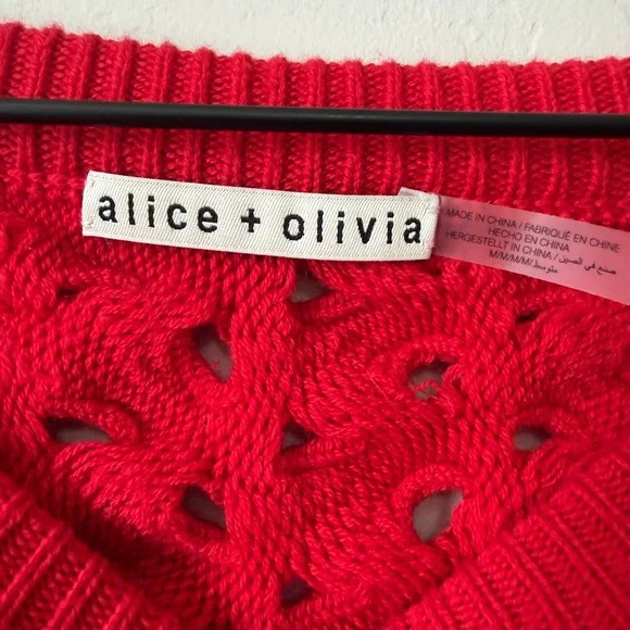 alice + olivia Allene Chunky Open Stitch Ruby Red Crop Sweater Medium NWOT $495